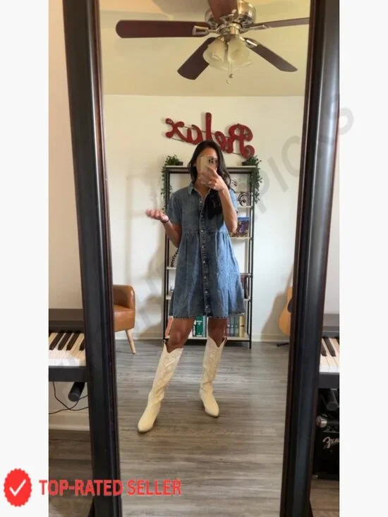 Denim Babydoll Dress Flowy Tiered Button Down Short Sleeve Casual Chic - Picture 6 of 7